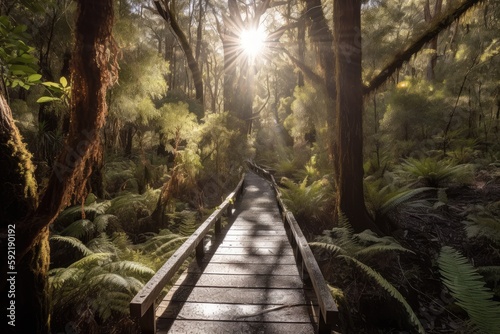 sun shining through the forest canopy, with duckboards path visible below, created with generative ai photo