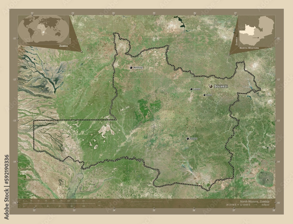 Fototapeta premium North-Western, Zambia. High-res satellite. Labelled points of cities