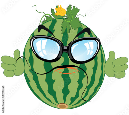 Comic illustration of the alive watermelon bespectacled and with hand