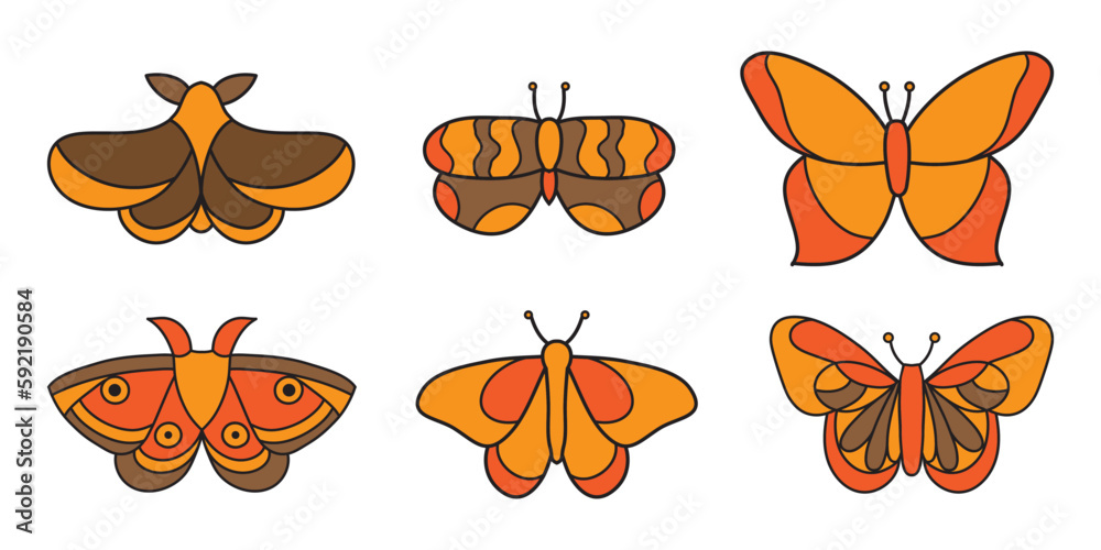 Orange butterflies in flat style, vector doodle elements for textile design, scrapbooking and stickers.