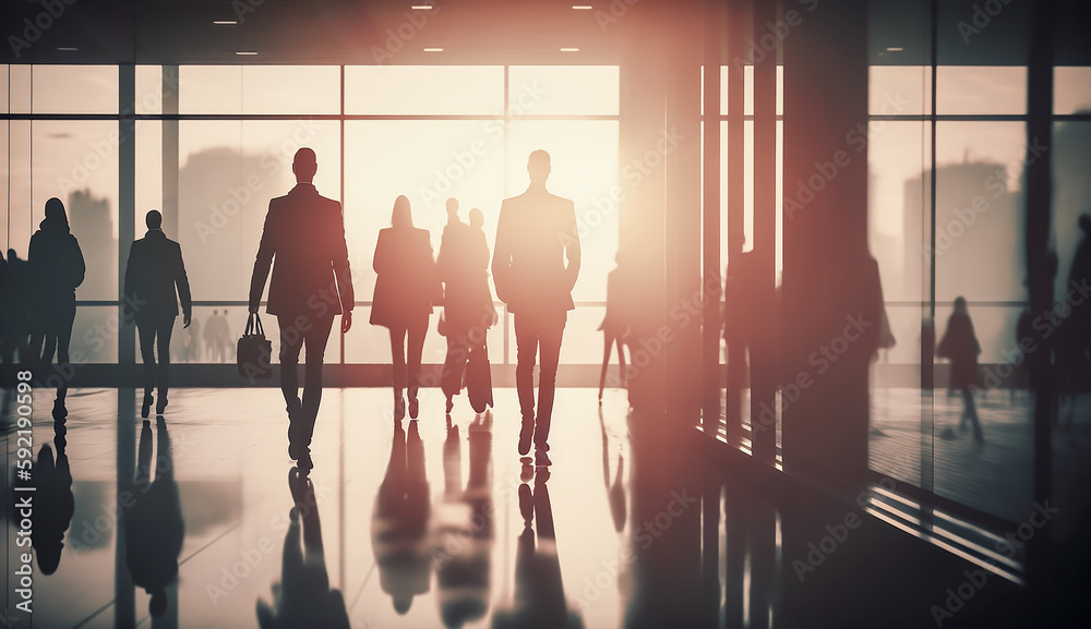 blurred business people in white glass office in sunset background, Generative AI