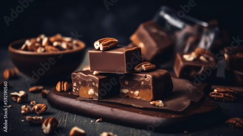 handmade chocolates with nuts on a wooden board on a black background