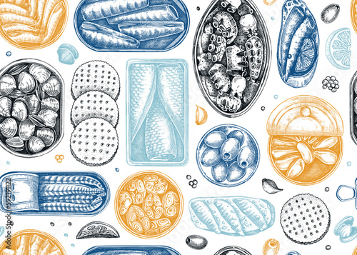 Seafood background in color. Hand-drawn tinned fish seamless pattern. Sardines, anchovy, mackerel, tuna, mussels in tin cans, fish canapes, olives, crackers sketches. For packaging, print, textile