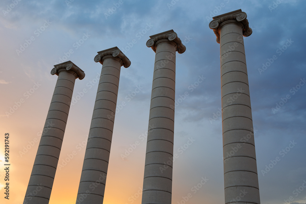 The Four Ionic Columns at Sunset, Les Quatre Columnes in Catalan, Created by Josep Puig i Cadafalch in Barcelona, Spain