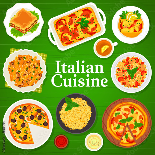 Italian cuisine menu cover with pasta, pizza and risotto, Italy restaurant dishes and meals. Italian cuisine traditional gourmet food, seafood pizza Marinara, stuffed cannelloni pasta and lasagna