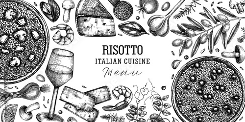  Italian food and drinks vector background. Hand drawn risotto frame. Mediterranean cuisine ingredients - olives, cheese, mushrooms, pea, rice illustrations. Restaurant menu modern design template.