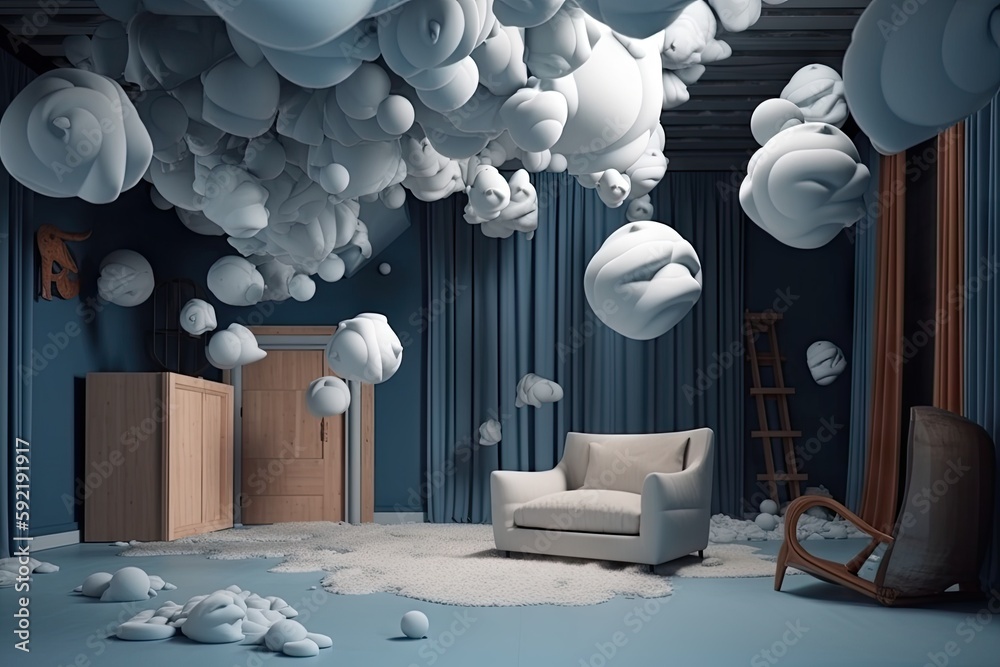 surrealistic room with floating objects and dreamlike quality, created ...