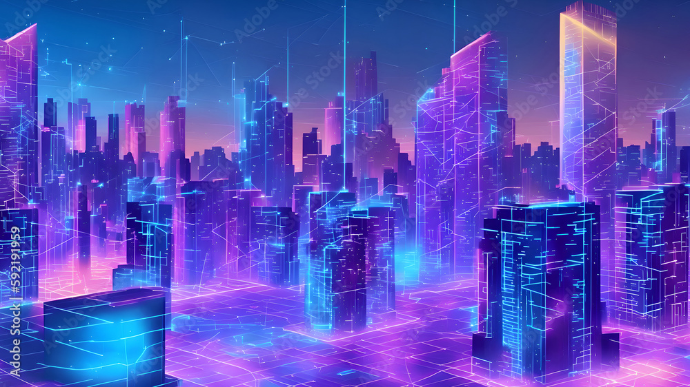 Neon modern city, digital city