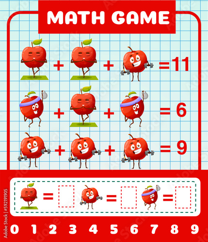 Cheerful cartoon red apple characters, math game worksheet. Vector mathematics and arithmetic riddle for children learning, subtraction equations with funny fruits doing sports and yoga exercises
