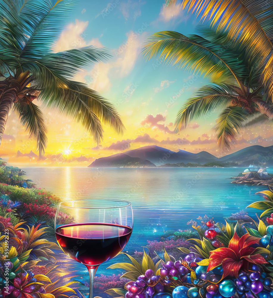 Glass of red wine, tropical island setting, palm trees, sunset, sea, ocean, sky, summer, vacation, Generative AI Art Illustration 06