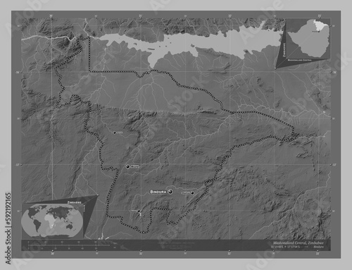 Mashonaland Central, Zimbabwe. Grayscale. Labelled points of cities photo