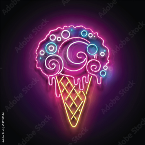 Vintage Glow Signboard with Ice Cream Cone and Ball. Cafe Flyer Template. Shiny Neon Light Poster, Banner, Playbill, Night Club Invitation. Glossy Background. Vector 3d Illustration