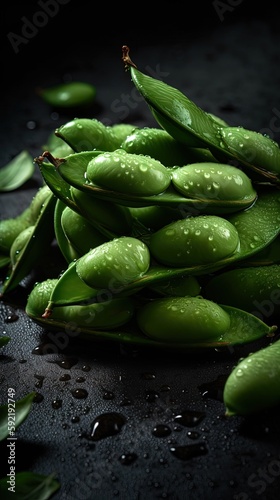 Fresh bunch of Edamame seamless background, adorned with glistening droplets of water