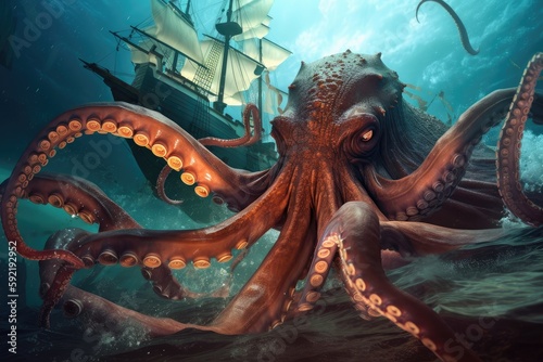 octopus kraken battling giant squid in underwater battle, created with generative ai photo