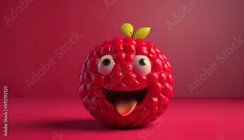 Smiling and happy red raspberry face, cartoon character, funny cute berry fruit