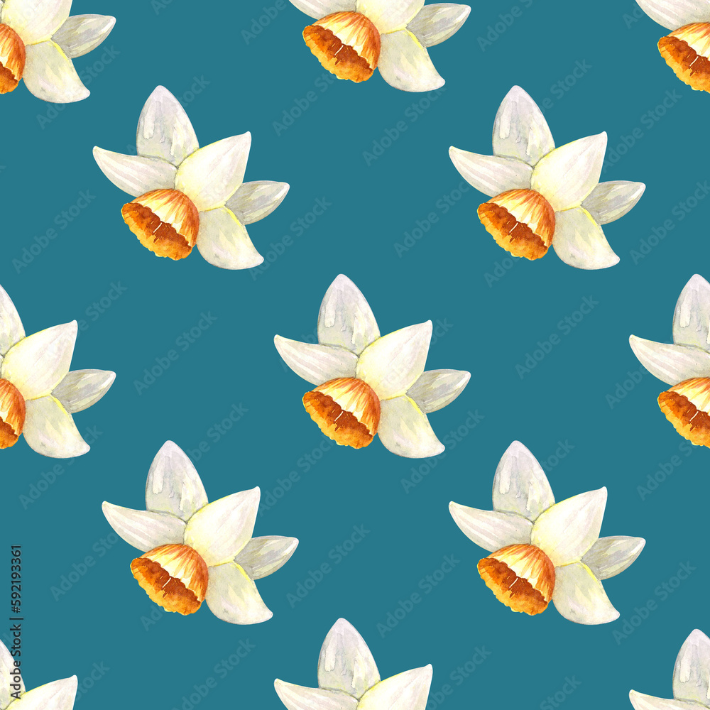 Watercolor seamless hand drawn botanical pattern with white and yellow flowers - jonquil, daffodil and narcissus