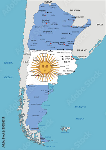 Argentina highly detailed political map with national flag isolated on white background.