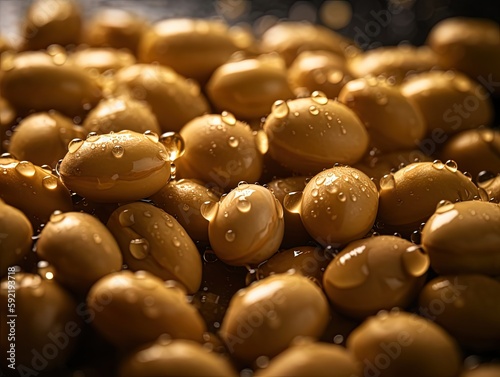 Fresh bunch of Soybeans seamless background, adorned with glistening droplets of water