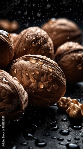 Fresh bunch of Walnuts seamless background, adorned with glistening droplets of water