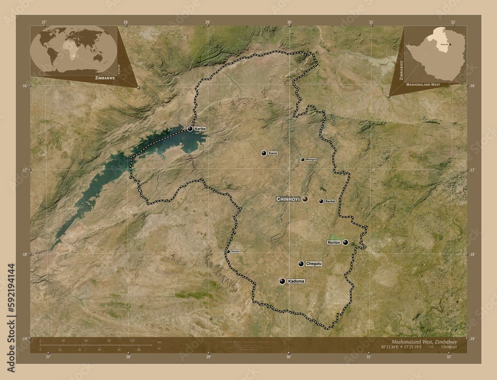 Fototapeta premium Mashonaland West, Zimbabwe. Low-res satellite. Labelled points of cities