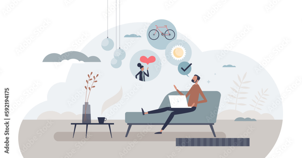 Benefits and challenges of remote work and distance job tiny person concept, transparent background. Time management pros and cons with private life or relationship balance with business illustration.