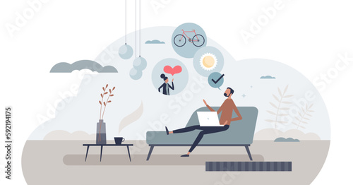 Benefits and challenges of remote work and distance job tiny person concept, transparent background. Time management pros and cons with private life or relationship balance with business illustration.