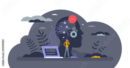 Brain computer interface or BCI with neuron technology tiny person concept, transparent background.Wire mash on head with data transfer from mind to computer illustration.