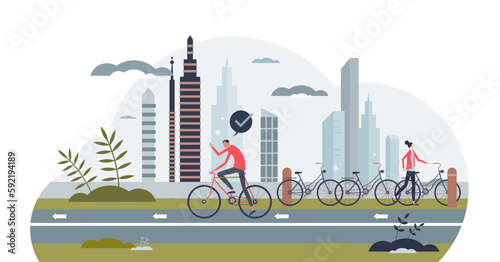 Bike infrastructure as green transportation with bicycle tiny person concept, transparent background. Urban traffic solution with active and effective transport type illustration.