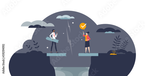 Conflict resolution and disagreement problem management tiny person concept, transparent background. Marriage divorce or business negotiation with anger, debate, dispute.