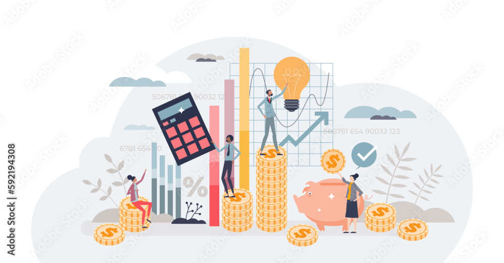 Financial literacy and money or investment management tiny person concept, transparent background. Budget planning and spending knowledge with ability to save finances illustration.