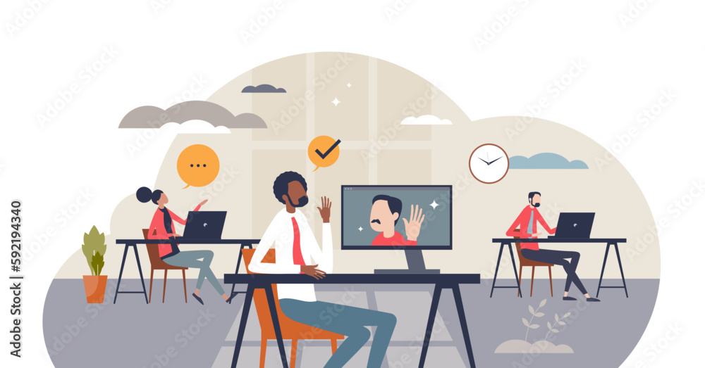 Video conferencing with software and team colleagues tiny person concept, transparent background. Online technology with digital online communication technology illustration. Conference or job call.