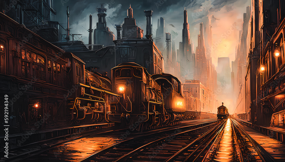 Naklejka premium A dystopian train stands at the station in a gray and ugly world. Generative AI