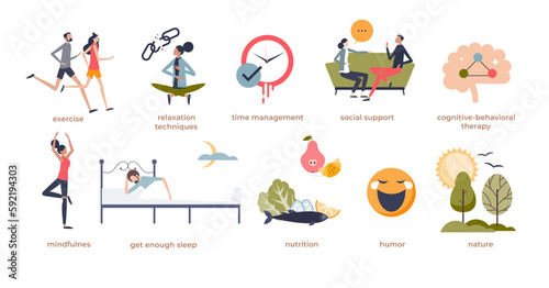 Stress management techniques and anxiety treatment tiny person collection set, transparent background.List with elements for calm, happy and mindful lifestyle illustration.