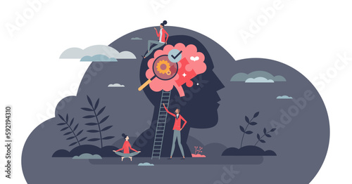 Mental health awareness with psychological therapy tiny person concept, transparent background.Emotions and feeling control with psychologist session or assistance illustration.