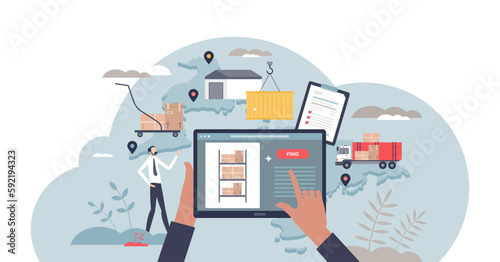 Inventory management with modern warehouse software tiny person concept, transparent background.Digital app for stock analysis, supply and demand control illustration.