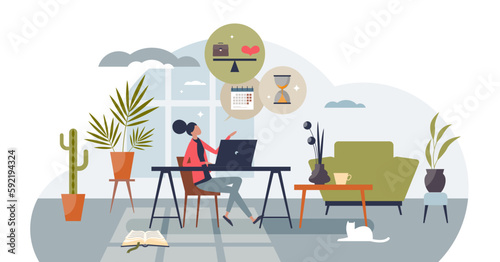 Benefits and challenges of remote work time management tiny person concept, transparent background. Scale with pros and cons for working from home and office or private life.