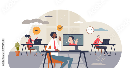 Video conferencing with software and team colleagues tiny person concept, transparent background. Online technology with digital online communication technology illustration. Conference or job call.