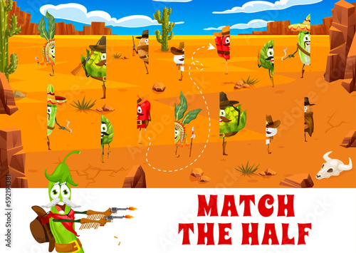 Match half of cartoon cowboy and bandit vegetable characters, vector game puzzle worksheet. Wild West potato cowboy, pepper sheriff and kohlrabi Indian with cabbage ranger to find correct pieces