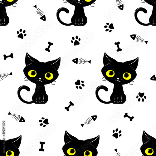 Seamless pattern of a cute black cats, bone and animal's paws. Vector illustration on a white background. Scandinavian cartoon style flat design. Concept for children print.