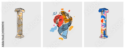 Hand drawn vector abstract outline,graphic,contemporary line greek ancient various sculpture old statues drawing illustration set.Antique classic ancient statue in trendy style,outline design concept.