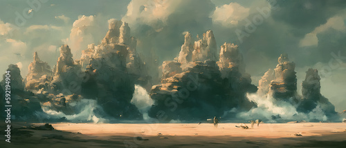 A coastal landscape with ocean, waves, and rocks. Serene atmosphere. Generative AI