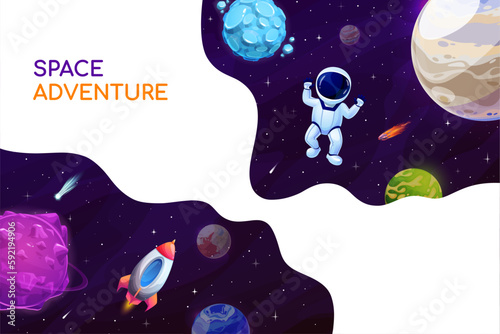 Astronaut in outer space, cartoon galaxy landscape with planets, rocket and stars, vector background. Spaceman with rocket shuttle or spaceship in spaceflight to fantasy galaxy planets with asteroids