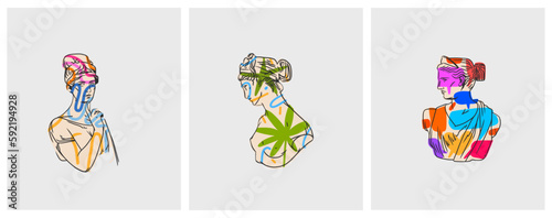 Hand drawn vector abstract outline,graphic,contemporary line greek ancient various sculpture old statues drawing illustration set with abstract shapes.Antique statue in trendy style design concept.