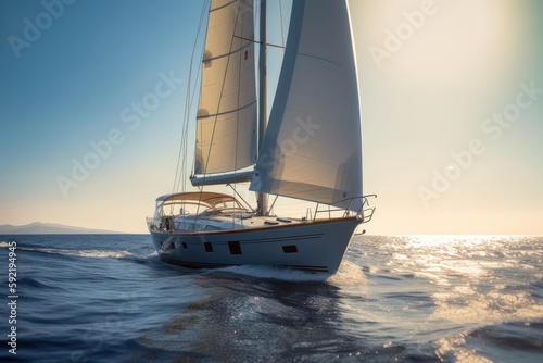 Sailing yacht in the sea at sunset. Luxury yachting. Generative AI