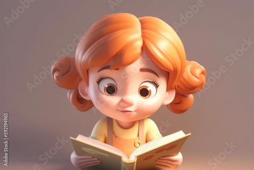 Cute cartoon kid is reading books, generative AI