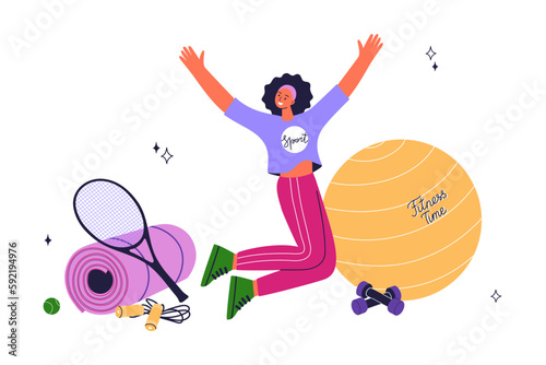 Fitness time cartoon vector illustration. Joyful cute girl does sports, fitness. Gym, dumbbells, jump rope. Sport concept. 