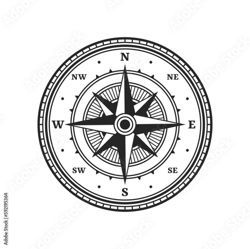 Old compass, vintage map wind rose. Isolated vector medieval nautical navigation sign. Monochrome windrose for cartography direction. Retro maritime symbol for marine travel and orienteering in sea