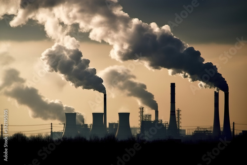 Factory chimneys expelling smoke. Concept of pollution and climate change. Generate by ai