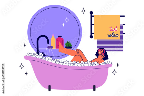 Just relax cartoon vector illustration. Joyful girl takes a bath, relax and listens to music with headphones. 