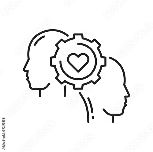 Couple and love mechanism gear, help and support. Vector man and woman and heart in cogwheel, psychotherapy, mental health and friendship
